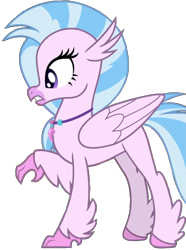 Size: 766x1030 | Tagged: safe, edit, edited screencap, screencap, silverstream, classical hippogriff, hippogriff, a rockhoof and a hard place, g4, background removed, female, looking left, mare, pink skin, raised hoof, simple background, solo, standing, transparent background