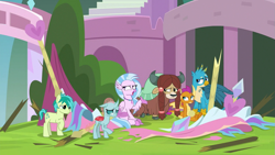 Size: 1279x719 | Tagged: safe, screencap, gallus, ocellus, sandbar, silverstream, smolder, yona, changedling, changeling, classical hippogriff, dragon, earth pony, griffon, hippogriff, pony, yak, g4, school daze, season 8, cloven hooves, colored hooves, jewelry, necklace, raised eyebrow, student six