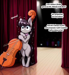 Size: 2053x2230 | Tagged: safe, artist:alcor, octavia melody, earth pony, pony, adorable distress, anime reference, bipedal, cello, crowd, curvy, cute, female, fluffy, high res, hoof hold, komi can't communicate, komi-san, mare, musical instrument, nervous, no mouth, no nose, shivering, solo focus, stage fright, tavi can't communicate, tavibetes, wide hips