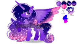 Size: 5680x3264 | Tagged: safe, artist:arctusthegoddess, oc, oc only, alicorn, pony, alicorn oc, art, bio, blue, colored wings, digital art, galaxy themed, gradient wings, happy, horn, long hair, ms paint, paint tool sai, pink, pose, princess, purple, reference sheet, simple background, solo, sparkles, stars, transparent background, winged hooves, wings