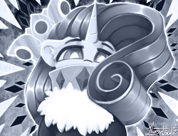 Size: 1132x866 | Tagged: safe, artist:llametsul, rarity, pony, unicorn, g4, clothes, collar, crown, female, ice queen, jewelry, looking at you, looking down, looking down at you, mare, monochrome, regalia, signature, solo, white pupils
