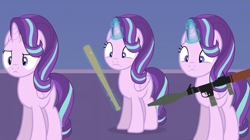 Size: 1440x808 | Tagged: safe, artist:forgalorga, starlight glimmer, alicorn, pony, new pony worlds, g4, alicornified, baseball bat, levitation, magic, multeity, nervous, race swap, rpg-7, self paradox, self ponidox, starlicorn, starlight cluster, telekinesis, triality, weapon, xk-class end-of-the-world scenario