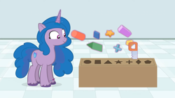 Size: 1416x800 | Tagged: safe, artist:forgalorga, izzy moonbow, pony, unicorn, new pony worlds, g4, g5, bracelet, circle, cylinder, female, friendship bracelet, g5 to g4, generation leap, jewelry, levitation, looking at something, magic, mare, pentagon, plus, prism, rectangular prism, rhombus, saw, shapes, smiling, solo, square, stars, telekinesis, toy, triangle, triangular prism, unshorn fetlocks, x