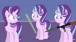 Size: 1680x944 | Tagged: safe, artist:forgalorga, starlight glimmer, alicorn, pony, new pony worlds, g4, alicornified, baseball bat, multeity, race swap, rocket launcher, self paradox, self ponidox, starlicorn, starlight cluster, triality, youtube link