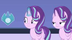 Size: 1432x808 | Tagged: safe, artist:forgalorga, starlight glimmer, alicorn, pony, g4, :i, alicornified, are you fucking kidding me, crystal, duality, glowing, glowing horn, horn, levitation, magic, meme face, race swap, self paradox, self ponidox, starlicorn, telekinesis