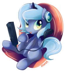 Size: 911x1025 | Tagged: safe, alternate version, artist:maren, princess luna, alicorn, pony, gamer luna, g4, 2013, controller, cute, female, filly, foal, lunabetes, magic, old art, simple background, sitting, solo, white background, wii remote, woona, younger