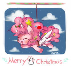 Size: 1269x1196 | Tagged: safe, alternate version, artist:maren, pinkie pie, earth pony, pony, g4, 2013, alicorn party, christmas, cute, diapinkes, fake horn, fake wings, female, flying, holiday, merry christmas, old art, partycorn, solo