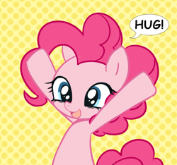 Size: 1210x1134 | Tagged: safe, artist:maren, pinkie pie, earth pony, pony, g4, 2014, arms in the air, arms wide open, bust, cute, diapinkes, female, hug request, old art, open mouth, open smile, smiling, solo, speech bubble