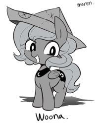 Size: 1400x1751 | Tagged: safe, artist:maren, princess luna, pony, moonstuck, g4, 2014, cartographer's cap, cute, female, filly, foal, grayscale, grin, hat, looking at you, monochrome, old art, simple background, smiling, solo, white background, woona, younger