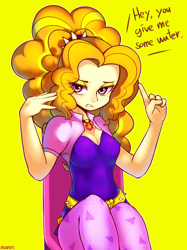 Size: 2200x2936 | Tagged: safe, alternate version, artist:maren, adagio dazzle, human, equestria girls, g4, my little pony equestria girls: rainbow rocks, 2014, adoragio, breasts, cleavage, clothes, cute, dialogue, female, gem, high res, jewelry, leggings, looking at you, necklace, old art, orange hair, pendant, pink eyes, reasonably sized breasts, simple background, siren gem, solo, spiked headband, talking to viewer, yellow background