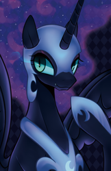 Size: 756x1169 | Tagged: safe, alternate version, artist:maren, nightmare moon, alicorn, pony, g4, 2014, bust, fangs, female, looking at you, mare, old art, pointing at self, raised hoof, solo