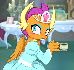 Size: 2900x2729 | Tagged: safe, alternate version, artist:maren, smolder, dragon, g4, season 8, what lies beneath, 2018, blushing, clothes, cup, cute, dragoness, dress, female, food, high res, jewelry, old art, princess outfit, princess smolder, puffy sleeves, smolderbetes, solo, tea, teacup, tiara