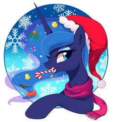 Size: 4100x4429 | Tagged: safe, artist:maren, princess luna, alicorn, pony, g4, 2018, absurd resolution, bell, bow, bust, candy, candy cane, christmas, clothes, commission, cute, female, food, hair bow, hat, holiday, holly, looking at you, mare, mouth hold, old art, pretty, santa hat, scarf, simple background, snow, snowflake, solo, transparent background