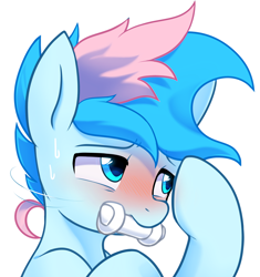 Size: 2700x2869 | Tagged: safe, artist:maren, oc, oc only, oc:blue chewings, pony, 2020, avoiding eye contact, blushing, bust, chew toy, colt, foal, high res, male, old art, portrait, raised hoof, shy, simple background, solo, white background