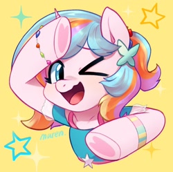 Size: 2048x2037 | Tagged: safe, artist:maren, oc, oc only, oc:oofy colorful, pony, unicorn, bust, clothes, female, heart, high res, hoof heart, horn, needy girl overdose, one eye closed, open mouth, simple background, solo, unicorn oc