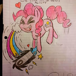 Size: 2048x2048 | Tagged: safe, artist:gobrosstar, pinkie pie, earth pony, pony, g4, chainsaw, eyes closed, high res, lined paper, photo, rainbow, solo, traditional art