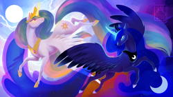 Size: 3840x2160 | Tagged: safe, artist:bluefeathercat, princess celestia, princess luna, alicorn, pony, crescent moon, female, flying, glowing, glowing horn, horn, jewelry, mare, moon, regalia, royal sisters, siblings, sisters, sun