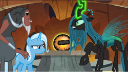 Size: 1326x750 | Tagged: safe, artist:swiftgaiathebrony, lord tirek, queen chrysalis, trixie, g4, the beginning of the end, alternate universe, crystal ball, evil lair, grogar's lair, grogar's orb, lair, trio
