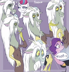 Size: 1958x2048 | Tagged: safe, artist:deepfantasy6, idw, discord, pipp petals, zipp storm, draconequus, pegasus, pony, g5, my little pony: a new generation, spoiler:g5comic, spoiler:g5comic04, antlers, broken horn, computer, computer mouse, dialogue, exclamation point, female, hello, horn, interrobang, male, mare, old man discord, phone, purple background, question mark, simple background, sketch, speech bubble, stars, suspicious, unamused, zipp storm is not amused