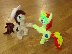 Size: 1592x1193 | Tagged: safe, alternate version, artist:malte279, part of a set, oc, oc:canni soda, oc:miss libussa, earth pony, pony, unicorn, chenille, chenille stems, chenille wire, craft, hat, hoofbump, part of a series, sculpture