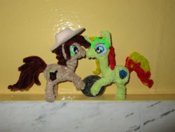 Size: 1600x1201 | Tagged: safe, artist:malte279, part of a set, oc, oc:canni soda, oc:miss libussa, earth pony, pony, unicorn, chenille, chenille stems, chenille wire, coin, craft, hat, part of a series, sculpture