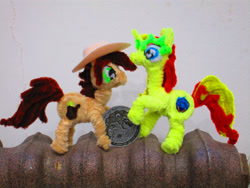 Size: 5152x3864 | Tagged: safe, alternate version, artist:malte279, part of a set, oc, oc:canni soda, oc:miss libussa, earth pony, pony, unicorn, chenille, chenille stems, chenille wire, coin, craft, hat, part of a series, sculpture