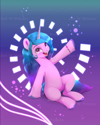 Size: 1510x1885 | Tagged: safe, artist:darksly, izzy moonbow, pony, unicorn, g5, bracelet, cute, female, izzybetes, jewelry, looking at you, mare, open mouth, open smile, raised hoof, sitting, smiling, solo, unshorn fetlocks