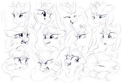 Size: 1503x1024 | Tagged: safe, artist:melodylibris, princess luna, alicorn, pony, g4, angry, black and white, blushing, breath, bust, calendar of lunas, crying, emanata, expressions, eyes closed, female, floppy ears, frown, grayscale, gritted teeth, head on hoof, laughing, licking, licking lips, looking at something, looking away, looking down, looking sideways, mare, monochrome, multeity, open mouth, open smile, profile, sad, simple background, sketch, sketch dump, sleeping, smiling, snarling, solo, surprised, teary eyes, teeth, three quarter view, tongue out, white background