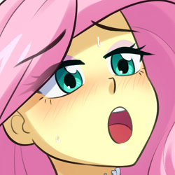 Size: 500x500 | Tagged: safe, artist:riouku, fluttershy, equestria girls, :o, blushing, bust, cropped, cropped porn, eyeshadow, female, makeup, open mouth, solo, sweat, sweatdrop, tongue out