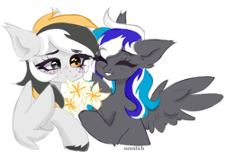 Size: 2210x1556 | Tagged: safe, artist:sunnlich, oc, oc only, oc:flaming dune, oc:storm cloud river's, pegasus, pony, blushing, bouquet, bouquet of flowers, bust, cute, duo, duo female, ear fluff, eyes closed, female, flower, freckles, happy, heterochromia, looking at each other, looking at someone, mare, multicolored mane, oc x oc, pegasus oc, shipping, simple background, smiling, smiling at each other, spread wings, white background, wings