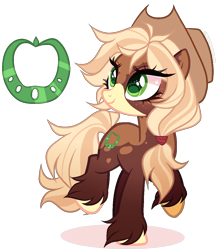 Size: 1016x1171 | Tagged: safe, artist:gihhbloonde, earth pony, pony, body markings, coat markings, colored hooves, colored muzzle, cowboy hat, dappled, facial markings, female, freckles, green eyes, hat, looking up, mare, offspring, parent:applejack, parent:trouble shoes, parents:troublejack, ponytail, raised hoof, simple background, smiling, solo, standing on two hooves, stetson, transparent background, unshorn fetlocks