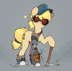 Size: 1092x1073 | Tagged: safe, artist:rexyseven, oc, oc only, oc:drillie stone, earth pony, pony, amputee, boots, cap, converse, female, goggles, hat, looking at you, mare, pickaxe, prosthetic limb, prosthetics, shoes, smiling, solo, steampunk