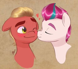 Size: 1281x1131 | Tagged: safe, artist:haruh_ink, sprout cloverleaf, zipp storm, earth pony, pegasus, pony, g5, my little pony: a new generation, adorazipp, blushing, cheek kiss, cute, duo, female, kissing, male, mare, shipping, sproutbetes, stallion, straight, zippsprout