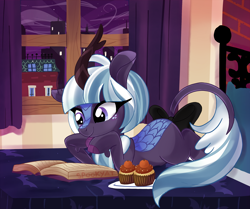 Size: 2596x2169 | Tagged: safe, artist:spookyle, oc, oc only, oc:moonlit breeze, kirin, bed, book, bow, city, cupcake, female, food, high res, kirin oc, lying down, night, prone, solo, tail, tail bow, window