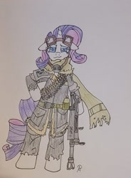 Size: 1287x1753 | Tagged: safe, artist:eclipse flower, rarity, pony, unicorn, g4, bipedal, floppy ears, goggles, gun, solo, traditional art, weapon