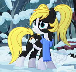 Size: 1280x1219 | Tagged: safe, artist:emperor-anri, oc, oc only, earth pony, pony, clothes, coat markings, earth pony oc, female, mare, outdoors, scarf, snow, socks (coat markings), solo, worried