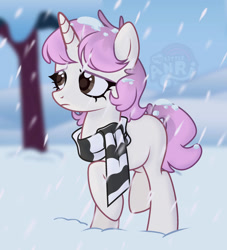Size: 1280x1408 | Tagged: safe, artist:emperor-anri, oc, oc only, pony, unicorn, clothes, female, horn, mare, outdoors, raised hoof, scarf, snow, snowfall, solo, striped scarf, unicorn oc