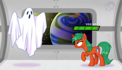 Size: 1280x732 | Tagged: safe, artist:emperor-anri, oc, oc only, ghost, pony, undead, unicorn, bedsheet ghost, earth, horn, life bar, planet, raised hoof, space, space station, stars, unicorn oc