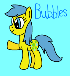 Size: 817x887 | Tagged: safe, artist:brobbol, bubbles (g1), earth pony, pony, g1, g4, 1000 hours in ms paint, adorabubbles, blue background, coat markings, cute, cyan background, facial markings, female, g1 to g4, generation leap, mare, ms paint, paint.net, raised arm, raised leg, simple background, smiling, solo, star (coat marking)