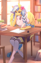 Size: 1934x3002 | Tagged: safe, alternate version, artist:fensu-san, oc, oc only, oc:jeppesen, pegasus, anthro, unguligrade anthro, bag, beautiful, book, bookshelf, bowtie, braid, braided tail, breasts, briefcase, chair, clothes, commission, cottagecore, crepuscular rays, cute, desk, female, flower, flower in hair, indoors, ink, inkwell, kneesocks, lamp, legs, library, lidded eyes, lined paper, long hair, long tail, mare, plaid skirt, pleated skirt, quill, quill pen, reasonably sized breasts, scenery, school bag, school uniform, schoolgirl, shirt, sitting, skirt, smiling, socks, solo, spread wings, stockings, striped socks, studying, tail, thigh highs, twin braids, uniform, white socks, window, wing fluff, wings, writing, zettai ryouiki