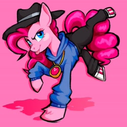 Size: 3299x3280 | Tagged: safe, artist:barbiemcmann2, pinkie pie, earth pony, pony, g4, :p, clothes, hat, high res, hoodie, looking at you, pants, rapper pie, raspberry, smiling, solo, tongue out