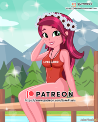 Size: 601x749 | Tagged: safe, artist:jakepixels, gloriosa daisy, human, equestria girls, g4, my little pony equestria girls: legend of everfree, adorasexy, bare legs, breasts, busty gloriosa daisy, cute, daisybetes, female, forest, gumroad, gumroad logo, lake, lifeguard, looking at you, mountain, patreon, patreon logo, pier, seductive pose, sexy, smiling, smiling at you, solo, stupid sexy gloriosa daisy, water, whistle, whistle necklace