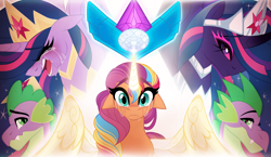 Size: 5039x2929 | Tagged: safe, artist:inspiredpixels, spike, sunny starscout, twilight sparkle, oc, oc:everlight everlasting, alicorn, dragon, pony, g5, my little pony: a new generation, my little pony: make your mark, the last problem, artificial alicorn, artificial horn, artificial wings, augmented, braided ponytail, crying, crystal, drake, earth pony crystal, evil twilight, female, floppy ears, flowing mane, gigachad spike, high res, horn, immortality blues, magic, magic horn, magic wings, male, mare, multicolored hair, older, older spike, older twilight, older twilight sparkle (alicorn), pegasus crystal, princess twilight 2.0, race swap, rainbow hair, sad, sunnycorn, twilight sparkle (alicorn), unicorn crystal, unity crystals, wings