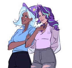 Size: 3183x3029 | Tagged: safe, artist:peachmichea, starlight glimmer, trixie, human, g4, dark skin, duo, female, high res, horn, horned humanization, humanized, lesbian, open mouth, open smile, ship:startrix, shipping, simple background, smiling, white background