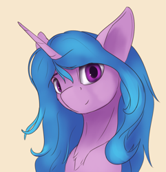 Size: 2085x2160 | Tagged: safe, artist:tenebrisnoctus, izzy moonbow, pony, unicorn, g5, bust, chest fluff, female, high res, mare, portrait, simple background, smiling, solo, sternocleidomastoid