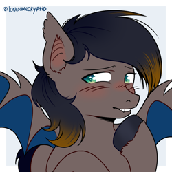 Size: 1400x1400 | Tagged: safe, artist:lonesomecryptid, oc, oc:black night, bat pony, pony, bat pony oc, bat wings, bust, fangs, portrait, simple background, solo, wings