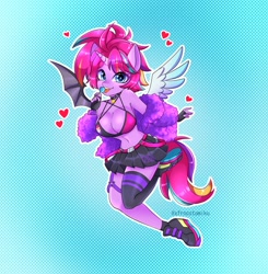 Size: 2337x2380 | Tagged: safe, artist:xfrncstomiku, oc, oc only, oc:techy twinkle, alicorn, unicorn, anthro, bat wings, belly button, big breasts, breasts, candy, cleavage, clothes, female, fingerless gloves, food, gloves, heart, heart eyes, horn, lollipop, midriff, shoes, skirt, socks, solo, wingding eyes, wings