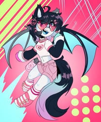 Size: 985x1185 | Tagged: safe, artist:star_theft, oc, oc only, oc:neo starstorm, bat pony, semi-anthro, arm hooves, belly button, clothes, female, glasses, heart shaped glasses, hoof shoes, shirt, shorts, solo, t-shirt