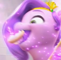 Size: 414x412 | Tagged: safe, screencap, pipp petals, pegasus, pony, g5, my little pony: make your mark, my little pony: make your mark chapter 1, spoiler:my little pony: make your mark, cropped, cupcake, eyebrows, female, food, great moments in animation, implied izzy moonbow, magic, magic aura, mare, offscreen character, open mouth, open smile, smiling, solo, swallowing, telekinesis