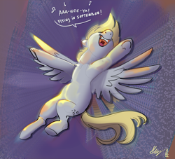 Size: 2104x1909 | Tagged: safe, artist:alumx, derpy hooves, pegasus, pony, g4, dialogue, earth wind & fire, female, mare, music notes, open mouth, open smile, september, singing, smiling, solo, song reference, spread wings, wings
